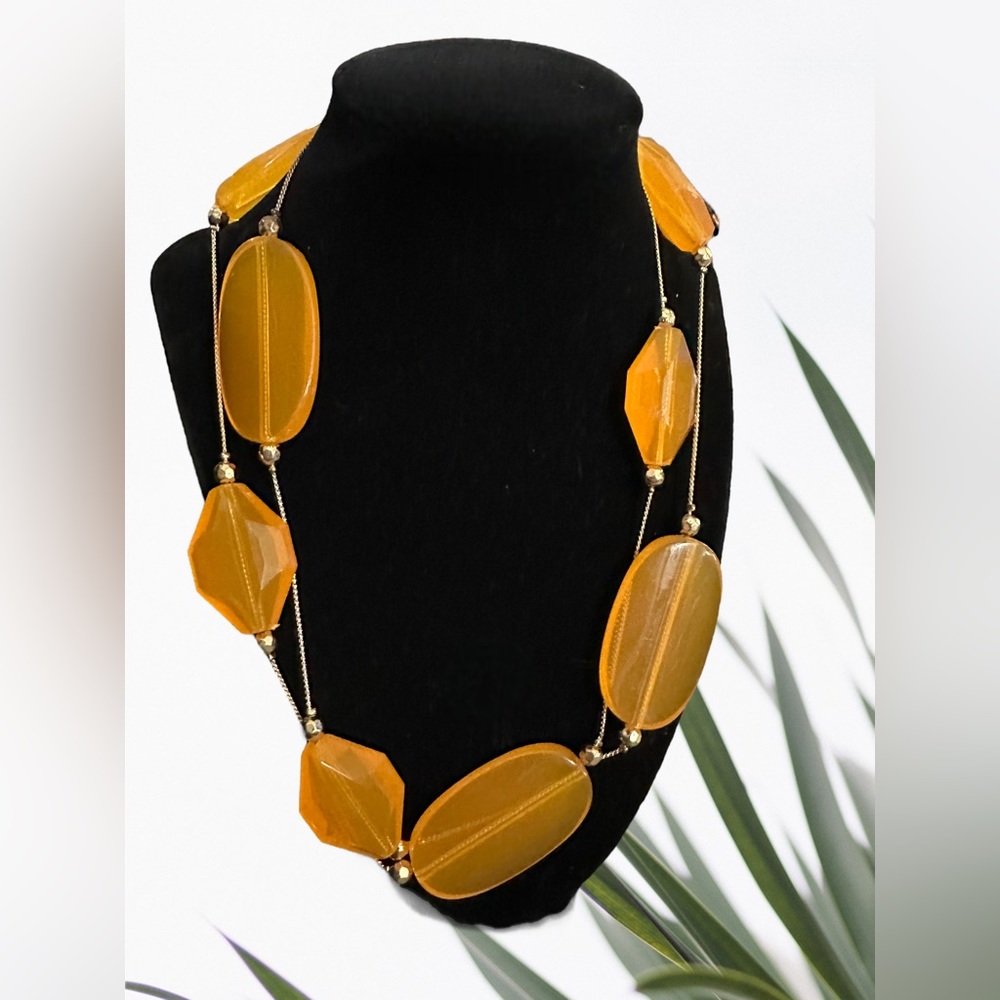 Retro Orange geometrical shaped gold tone necklace 42”